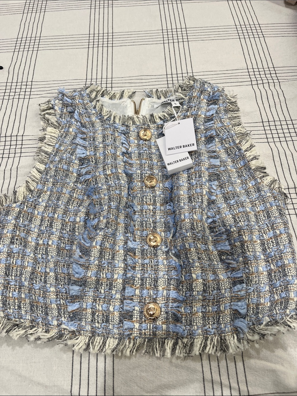 Walter Baker Light Blue, Cream & Gold Tweed Fringe Vest